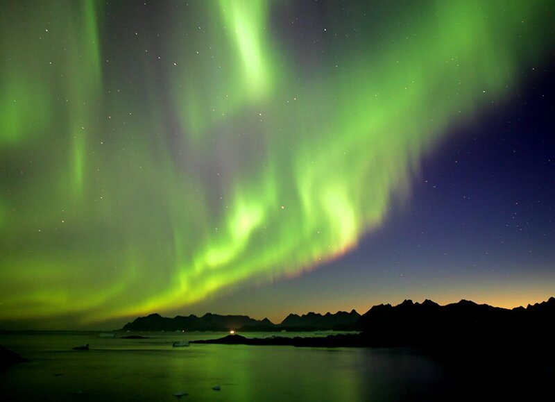 Green Aurora Borealis — Dramatic, Night, Photograph, Mountains, Water