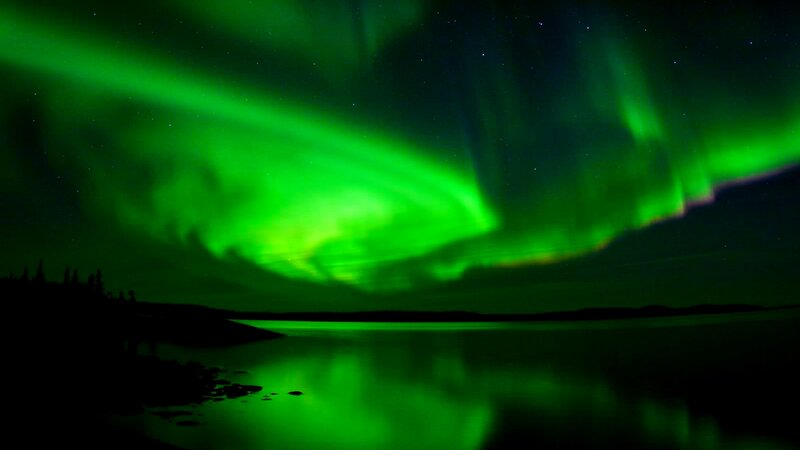 Green Aurora Borealis — Dramatic, Night, Photograph, Night Sky, Lake