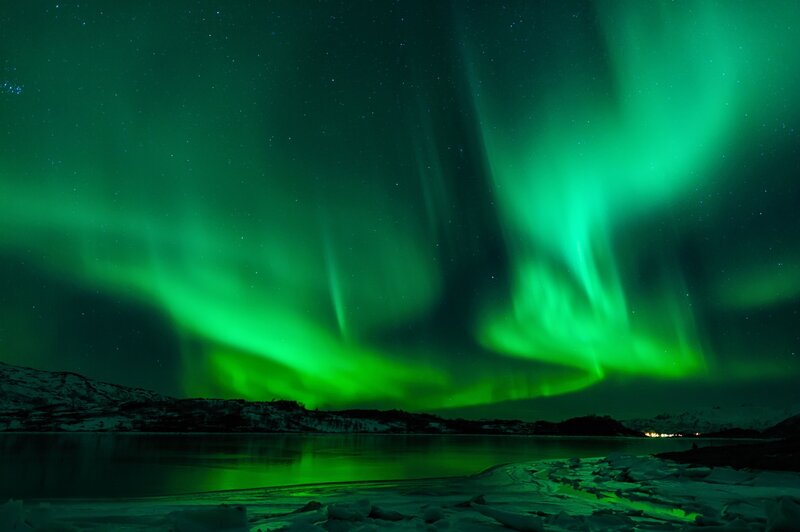 Green Aurora Borealis — Dramatic, Night, Photograph, Night Sky, Snow