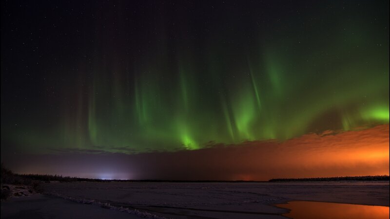 Green Aurora Borealis — Dramatic, Night, Photograph, Night Sky, Snow, Trees