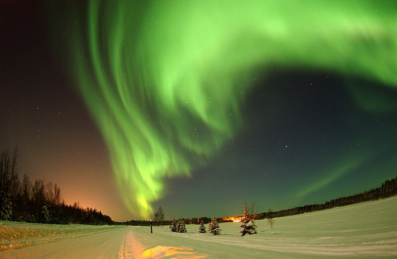 Green Aurora Borealis — Dramatic, Night, Photograph, Snow