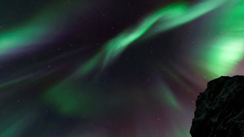 Green Aurora Borealis — Dramatic, Night, Photograph, Stars, Rock