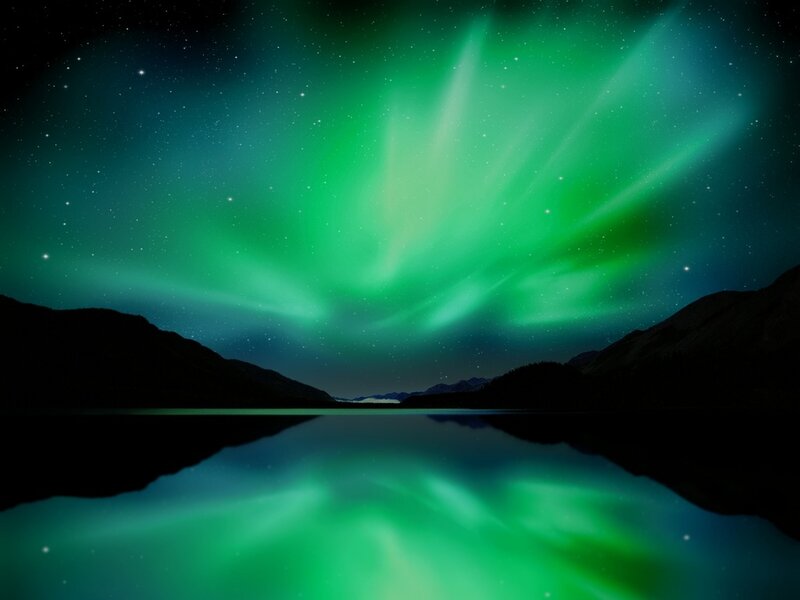 Green Aurora Borealis — Serene, Night, Photograph, Mountains, Lake, Stars, Black