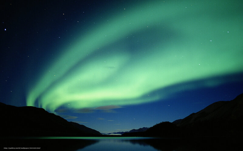 Green Aurora Borealis — Serene, Night, Photograph, Mountains, Lake