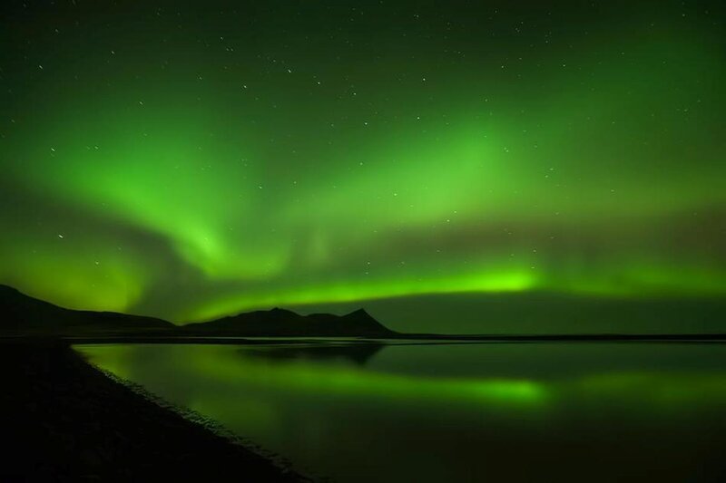 Green Aurora Borealis — Serene, Night, Photograph, Mountains