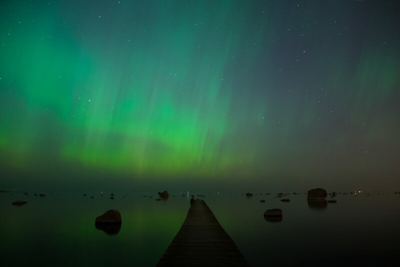 Green Aurora Borealis — Serene, Night, Photograph, Pier