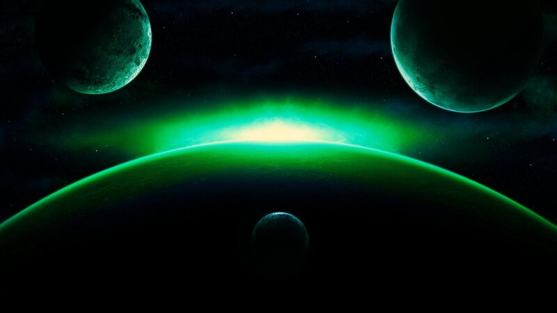 Green aurora on alien planet