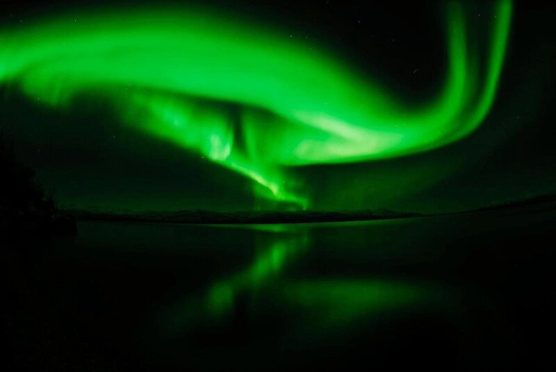 Green aurora over a lake