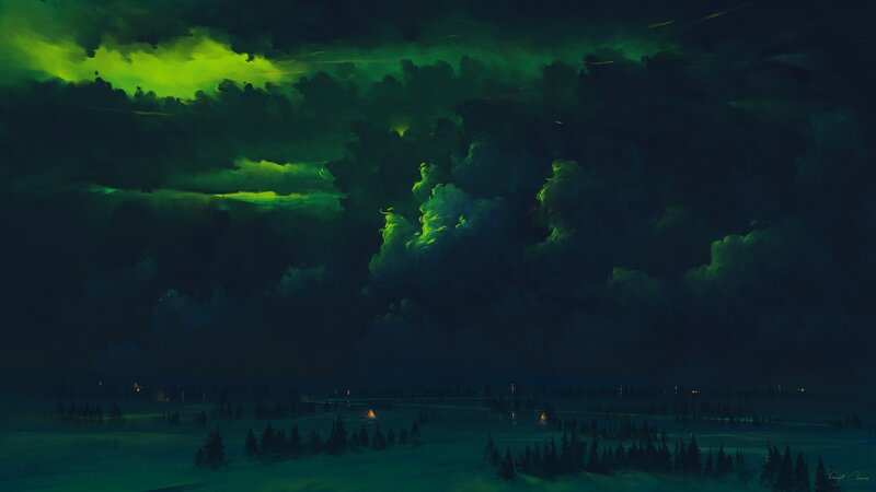 Green Aurora over Forest — Dramatic