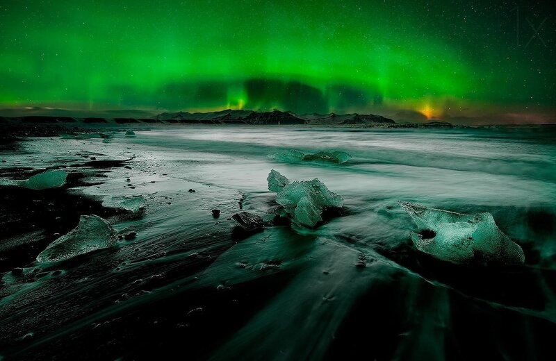 Green Aurora over Ice — Dramatic, Night