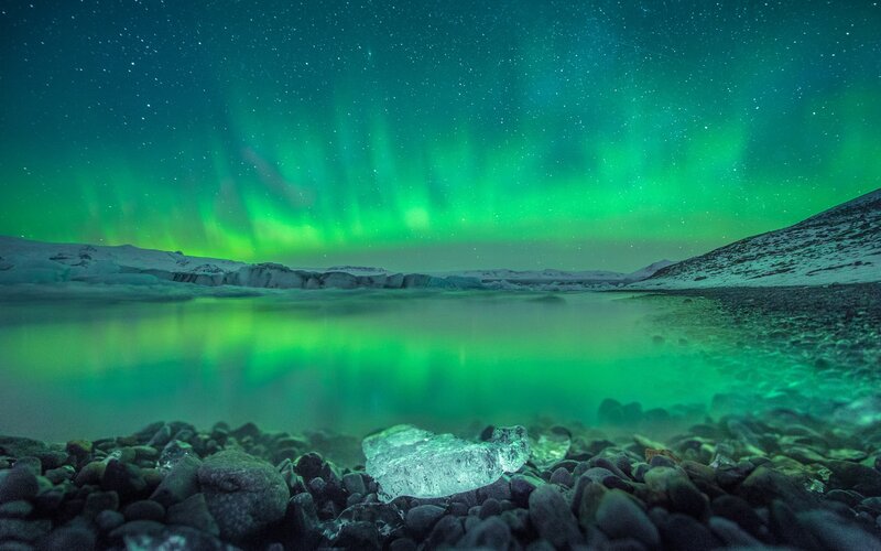 Green Aurora over Ice — Serene