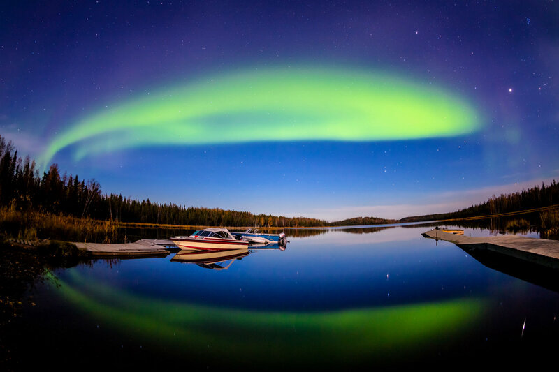 Green Aurora over Lake — Serene, Night, Photograph, Boats