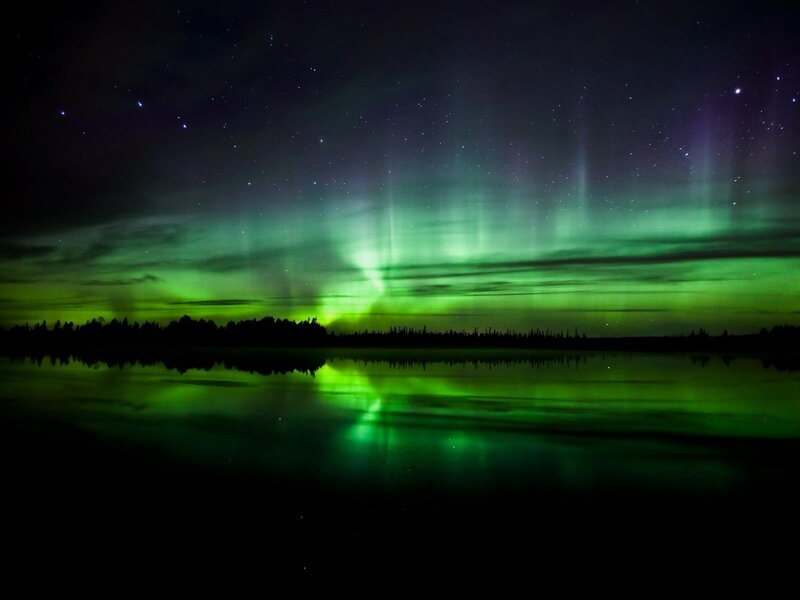 Green Aurora over Lake — Serene, Night, Photograph, Stars, Trees, Reflection