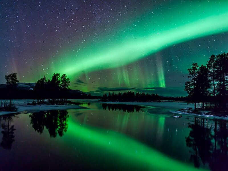 Green Aurora over Lake — Serene, Night, Photograph