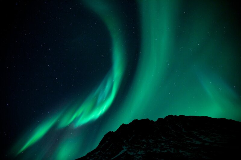 Green Aurora over Mountain — Dramatic, Night, Photograph, Stars, Black