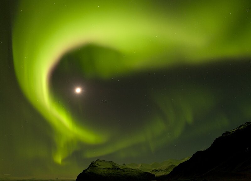 Green Aurora over Mountains — Dramatic, Night, Photograph, Moon