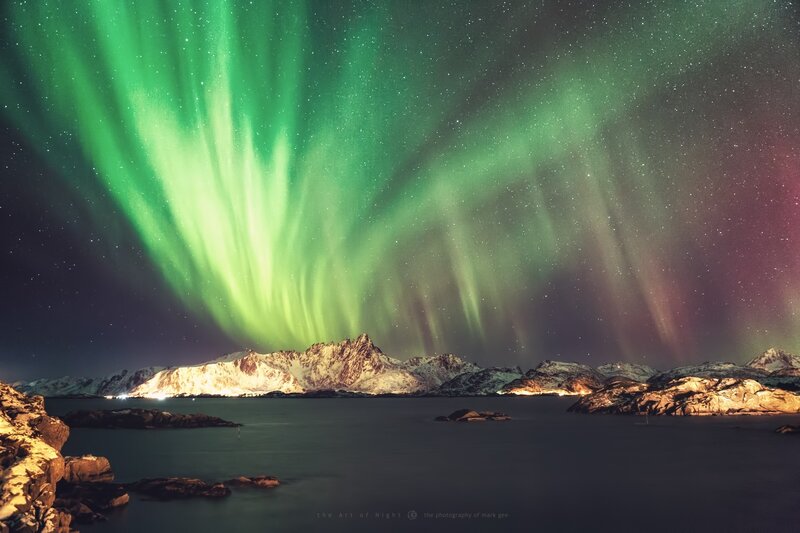 Green Aurora over Mountains — Dramatic, Night, Photograph, Sea