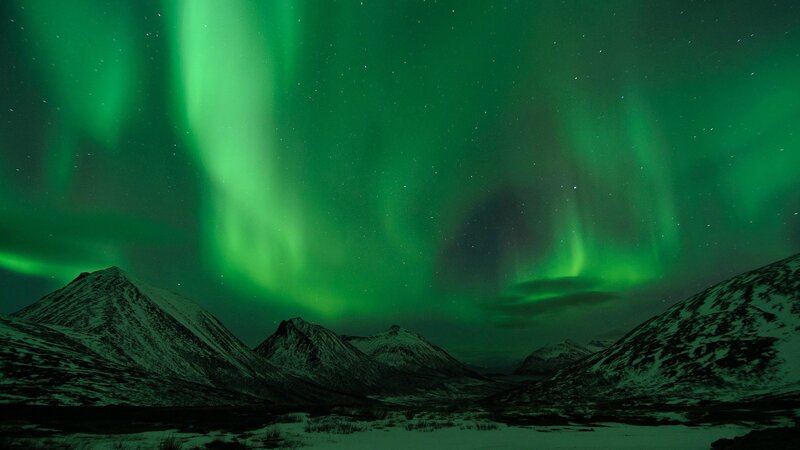 Green Aurora over Mountains — Dramatic, Night, Photograph, Sky, Stars