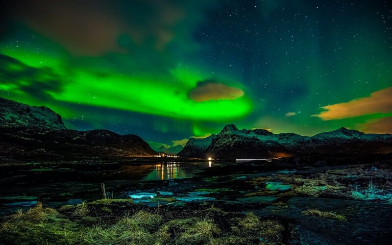 Green Aurora over Mountains — Dramatic, Night, Photograph, Sky