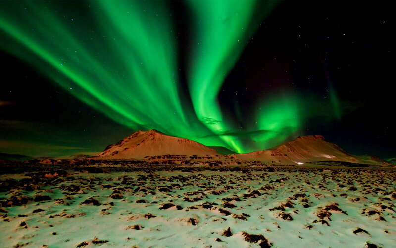 Green Aurora over Mountains — Dramatic, Night, Photograph, Snow, Stars