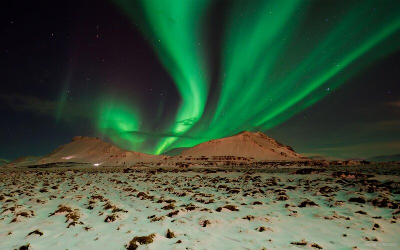 Green Aurora over Mountains — Dramatic, Night, Photograph, Snow