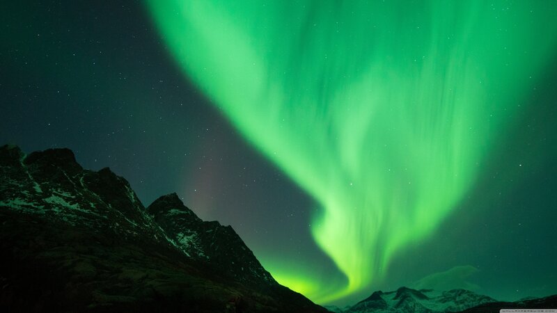 Green Aurora over Mountains — Dramatic, Night, Photograph, Stars, Sky