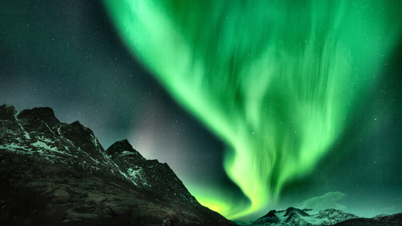 Green Aurora over Mountains — Dramatic, Night, Photograph, Stars