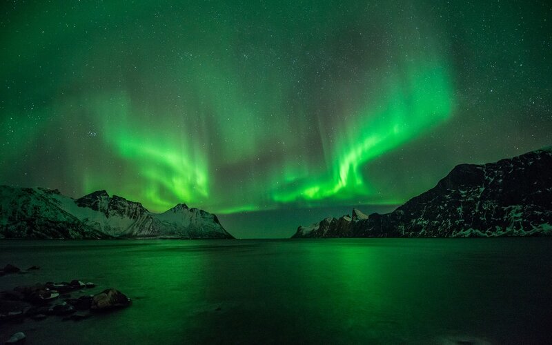 Green Aurora over Mountains — Dramatic, Night, Photograph, Water