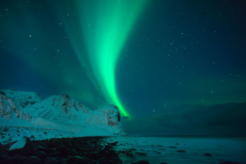 Green Aurora over Mountains — Serene, Night, Photograph, Sea