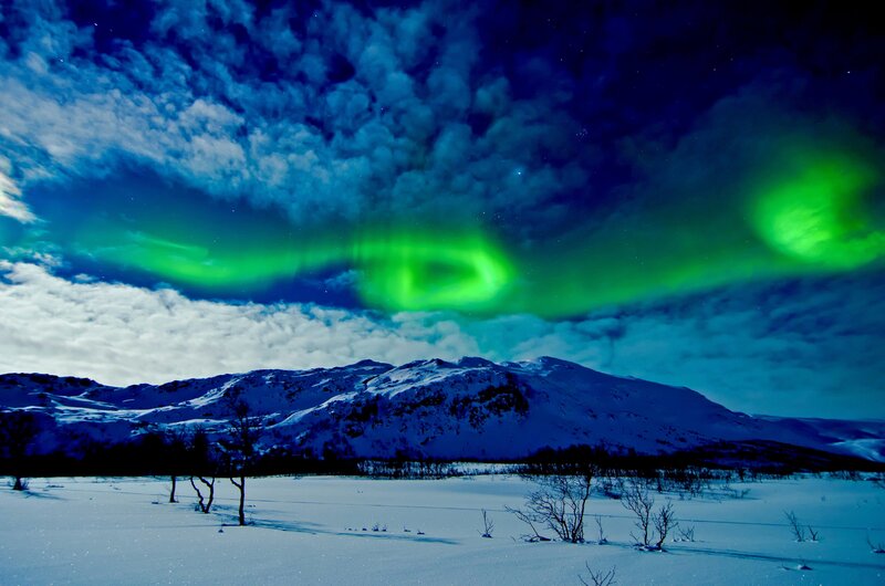 Green Aurora over Snow — Dramatic