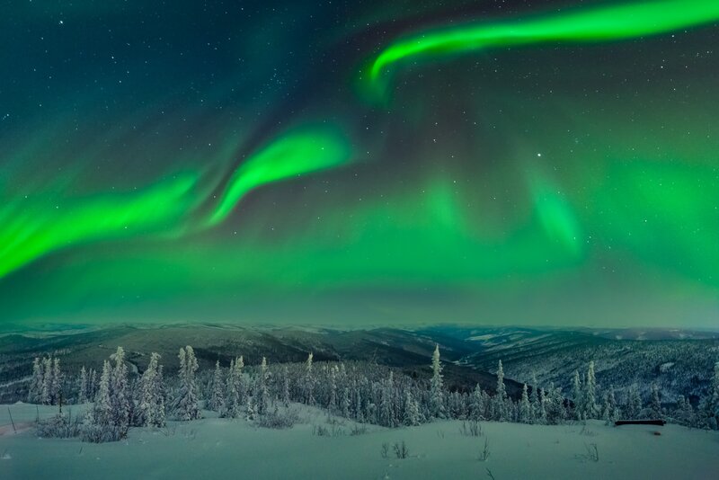 Green Aurora over Snow — Serene, Night, Photograph