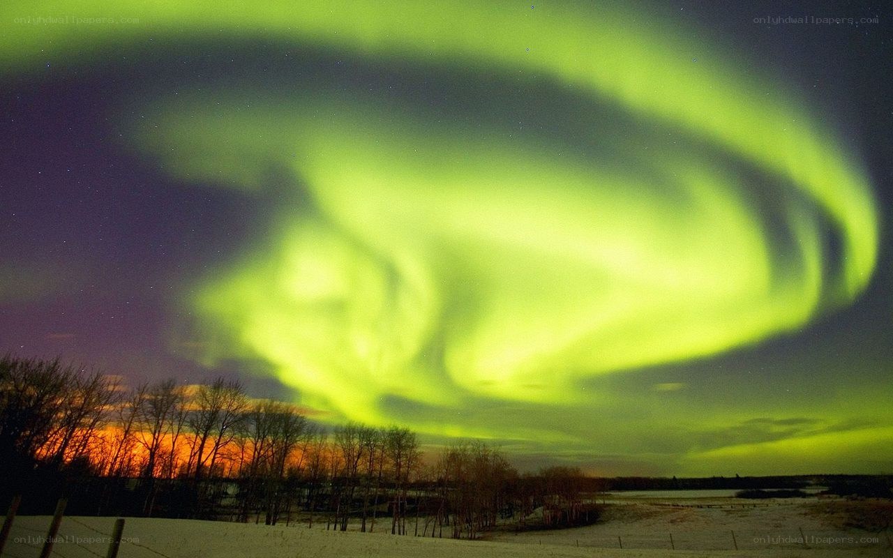 Green aurora over snowy landscape