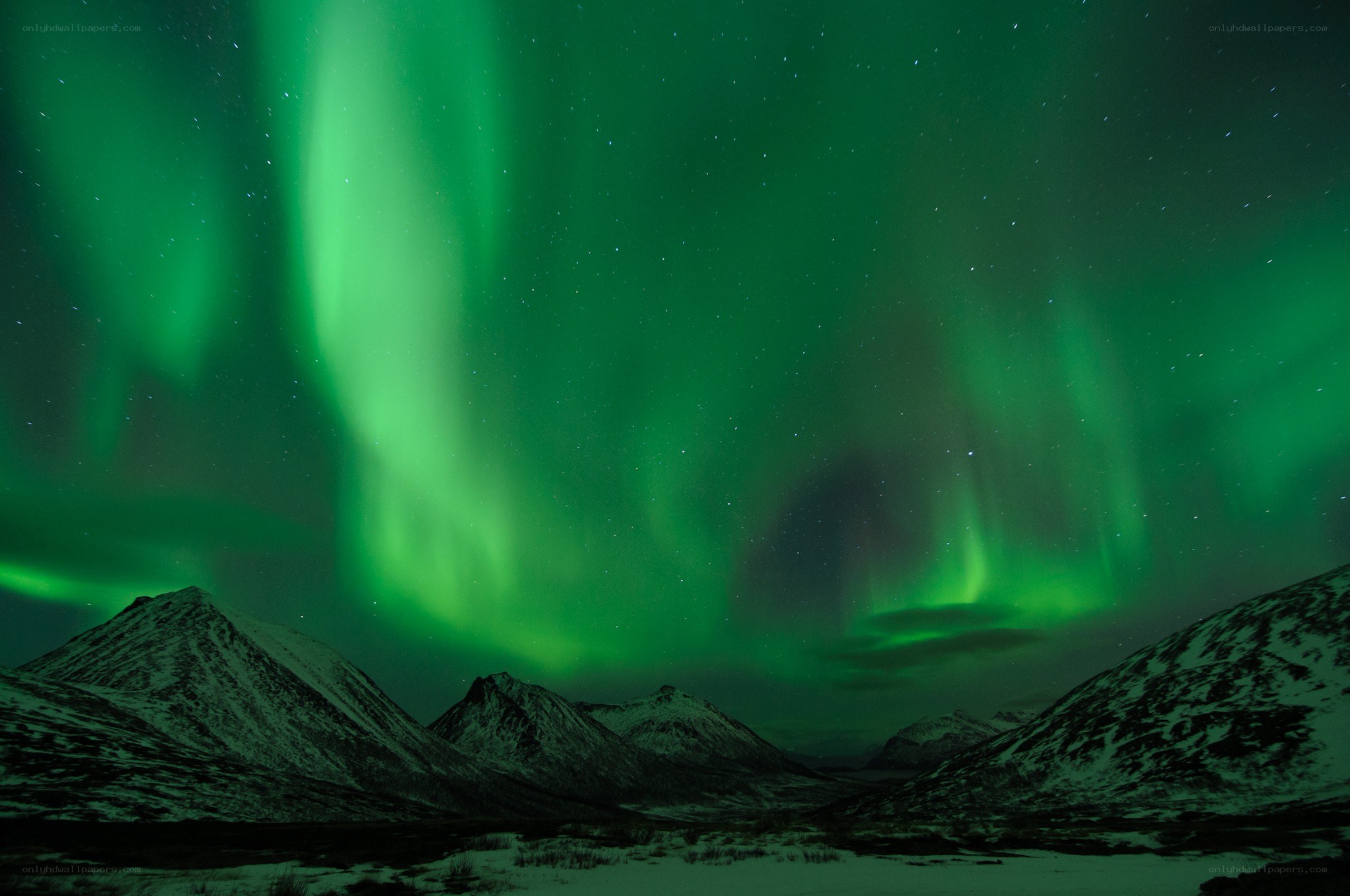 Green aurora over snowy mountains