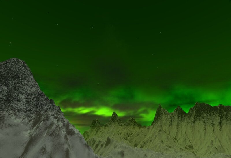 Green aurora over snowy mountains