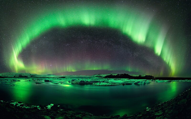 Green Aurora over Water — Dramatic, Night