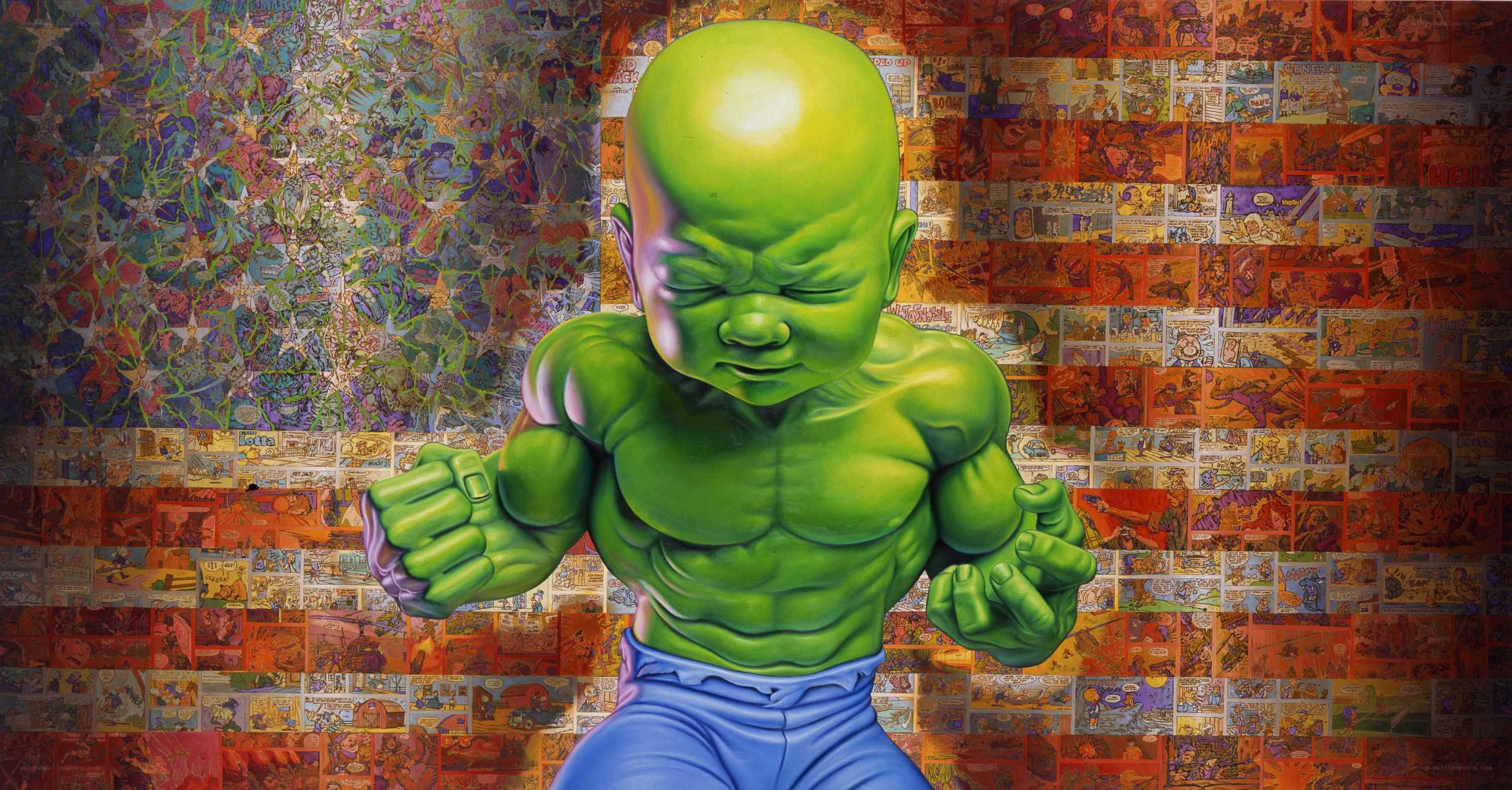 green baby superhero sculpture