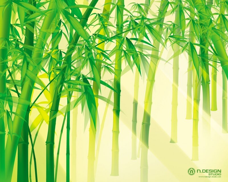 Green Bamboo Forest — Serene, Morning, Digital Art, Bamboo Stalks, Leaves, Light Rays, Yellow