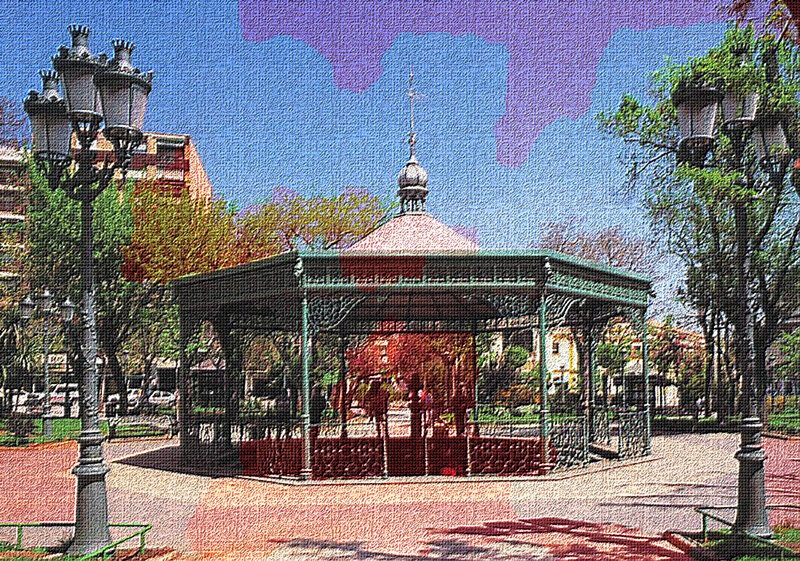 Green Bandstand in Park — Blue