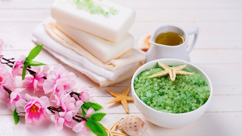 Green Bath Salts in Bowl — White