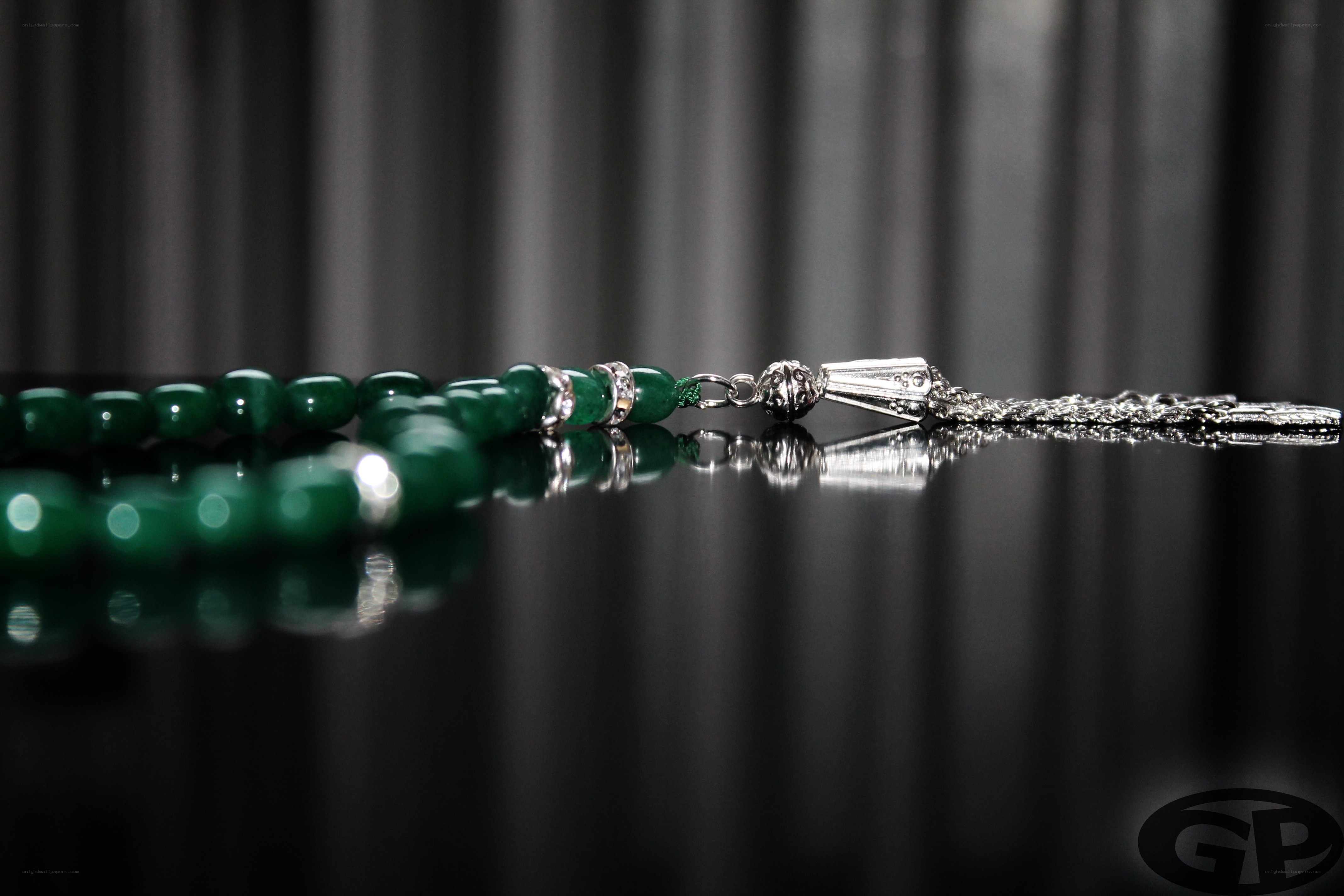 Green Bead Rosary with Silver Tassel