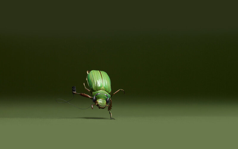 Green Beetle with Headphones — Playful, 3d Render, Ipod