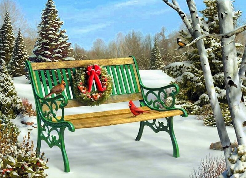Green Bench in Snow