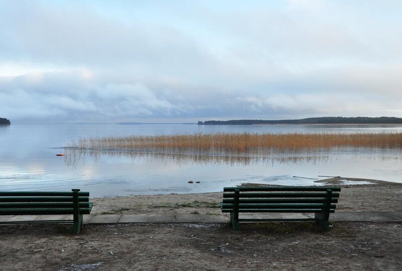 Green Benches by Lake