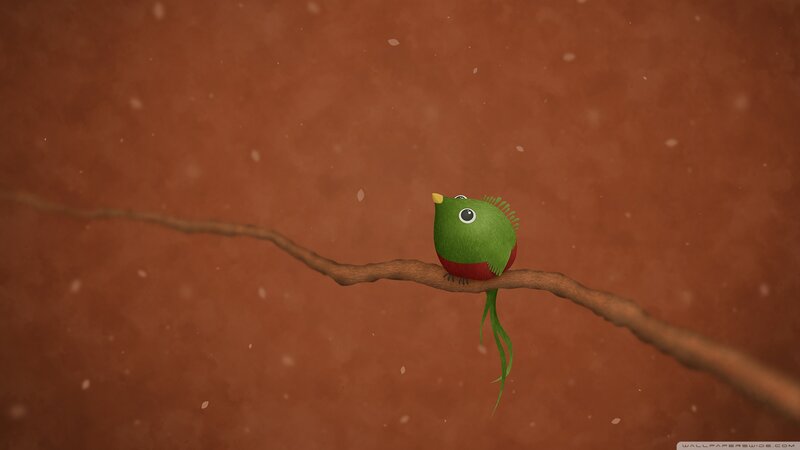 Green Bird on Branch — Brown, Calm, Winter