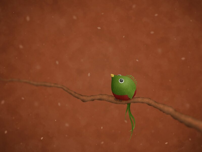 Green Bird on Branch — Brown, Serene