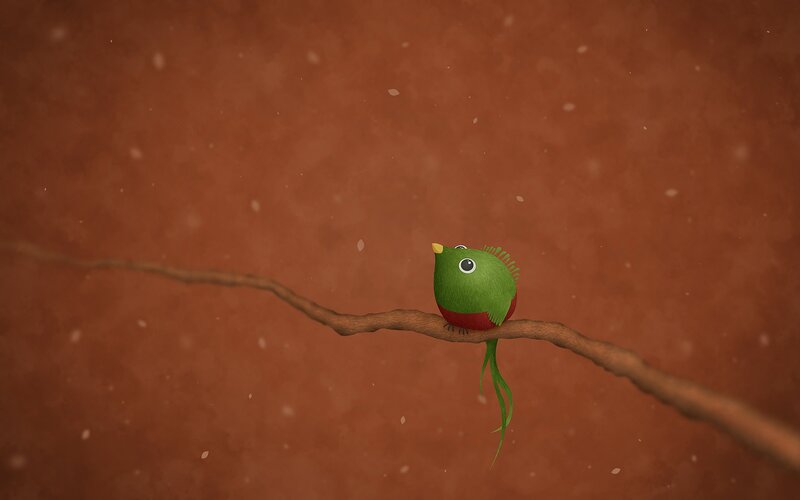 Green Bird on Branch — Brown, Serene, Winter