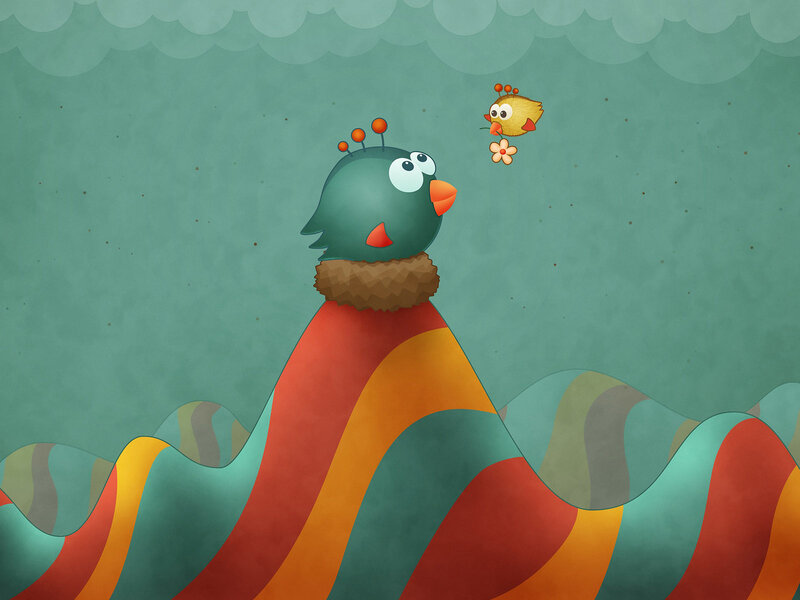 Green Bird with Nest — Teal