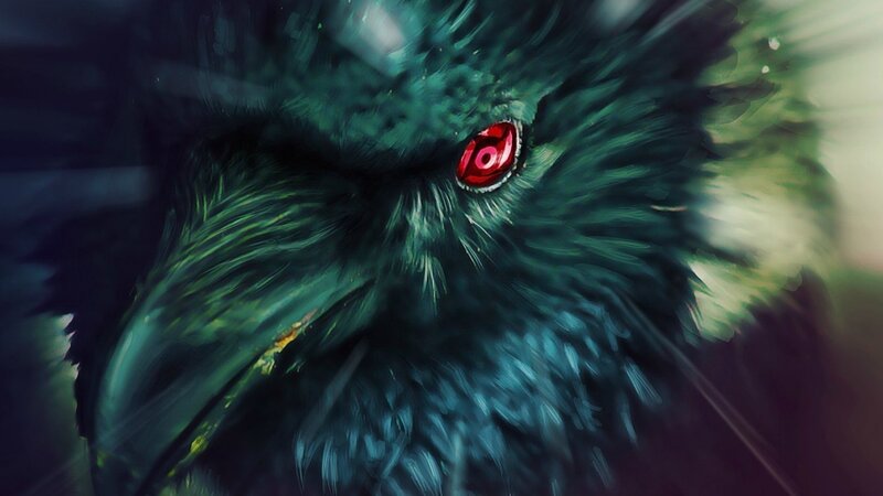 Green Bird with Red Eye — Dramatic, Digital Art