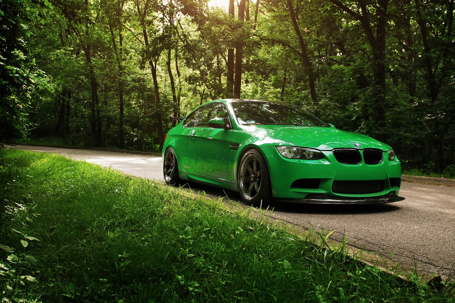Green BMW on a forest road