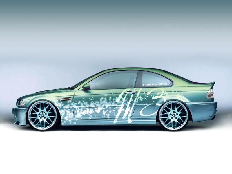 green BMW with custom graphics